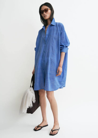 Tot Blue Long Summer Cotton-blend Oversized Shirt Shirtdress Mini Dress
