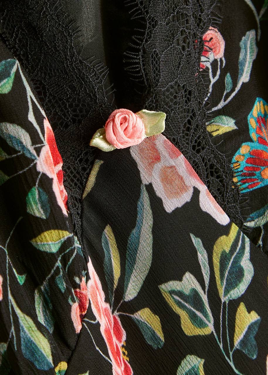 RX Clarice Lace-Trim Viscose Georgette Midi Dress in Black Multi Butterfly