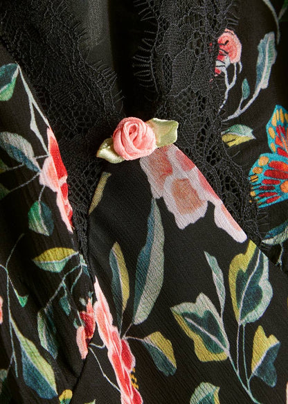 RX Clarice Lace-Trim Viscose Georgette Midi Dress in Black Multi Butterfly