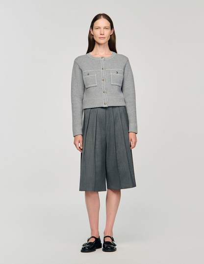 SD Grey Wool-Blend Cardigan With Contrast Stitching