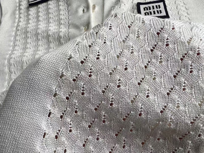 MM White Silk-Cotton Blend Knit Cropped Contrast Polo Shirt