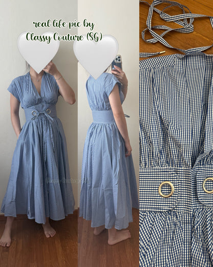 2 Colors! ALX Riviera Cotton-Viscose Midi Dress in White & Navy Gingham Blue