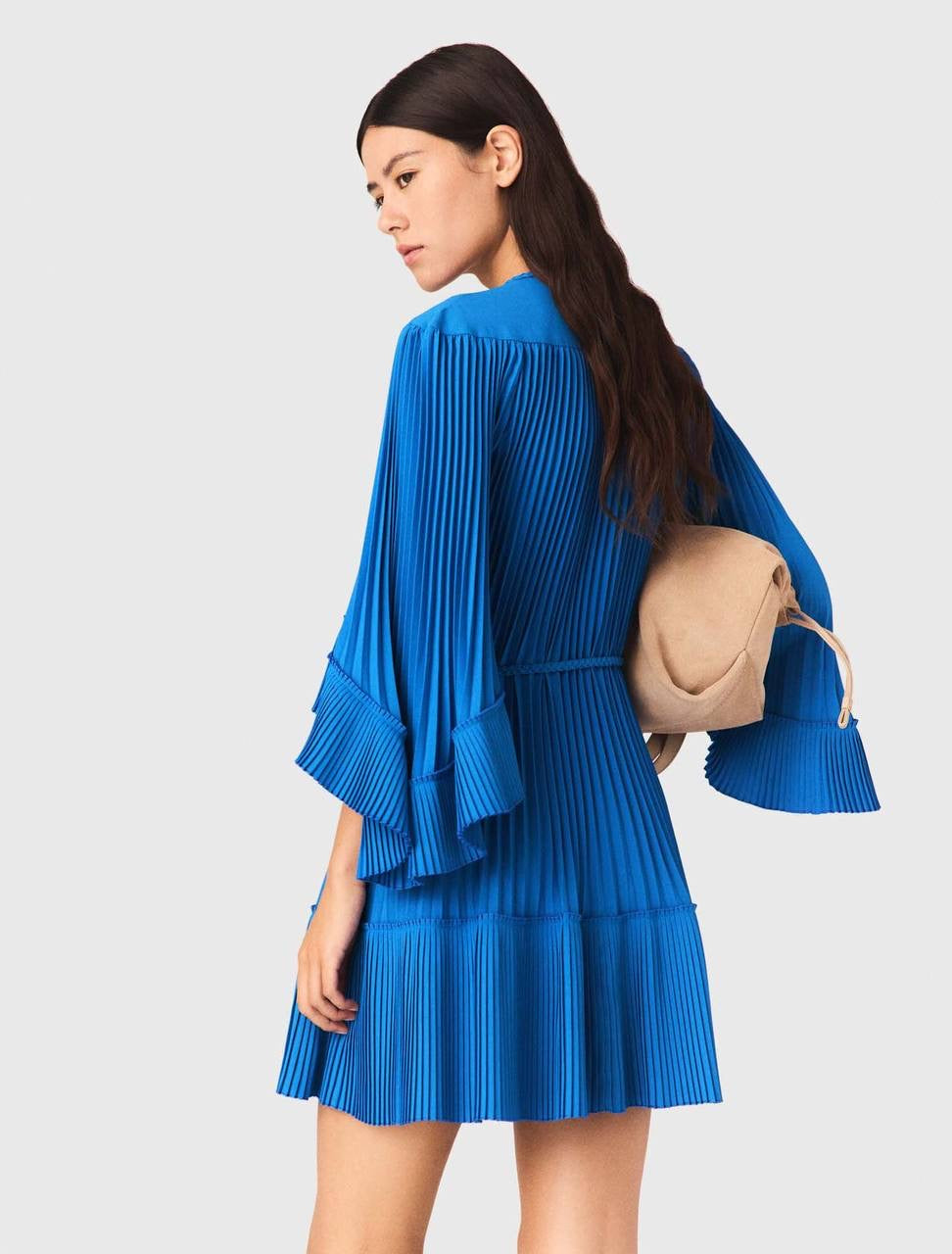 MJ Pleated Braided Drawstring Bell-sleeve Mini Dress