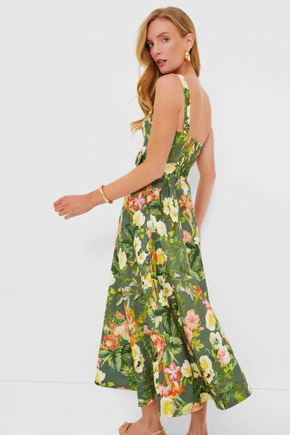 CC Calypso Linen Midi Dress Olive Kingston Floral