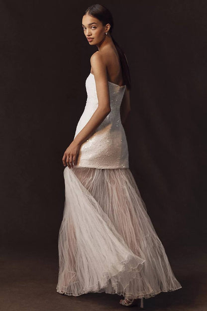 SJ Illusion Contrast Sequinned Bandeau Bodice Sheer Mermaid Skirt Maxi Dress