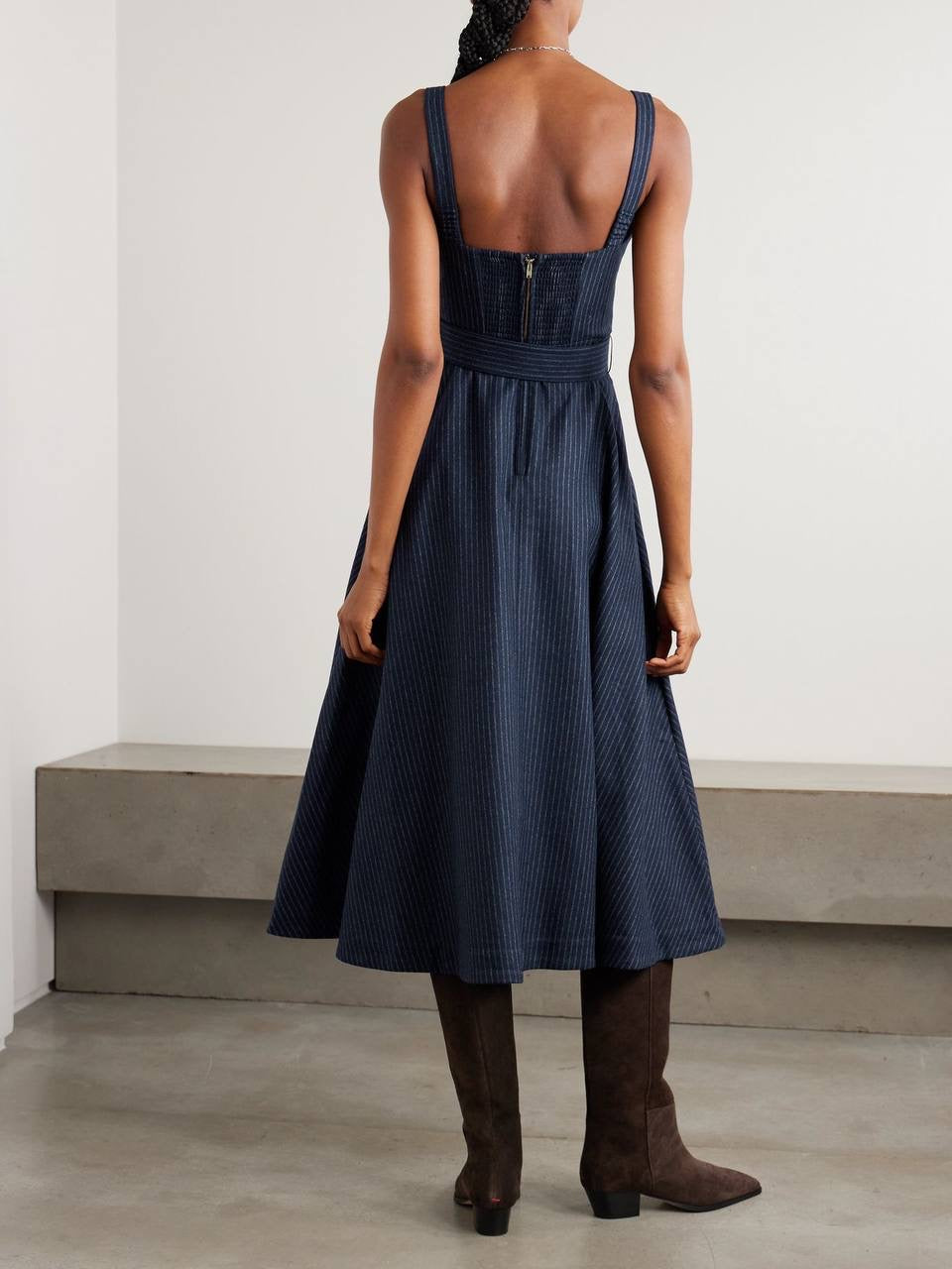 3 Colors! CC Calypso Bustier Belted Midi Dress in Floral Linen | Wool-blend Pinstripe | Plaid Check