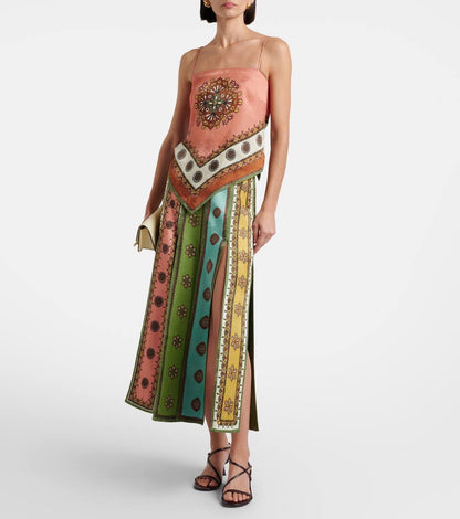 ALM Contina Printed Scarf Cami Top | Midi Maxi Slit Skirt | Jacquard Viscose Set
