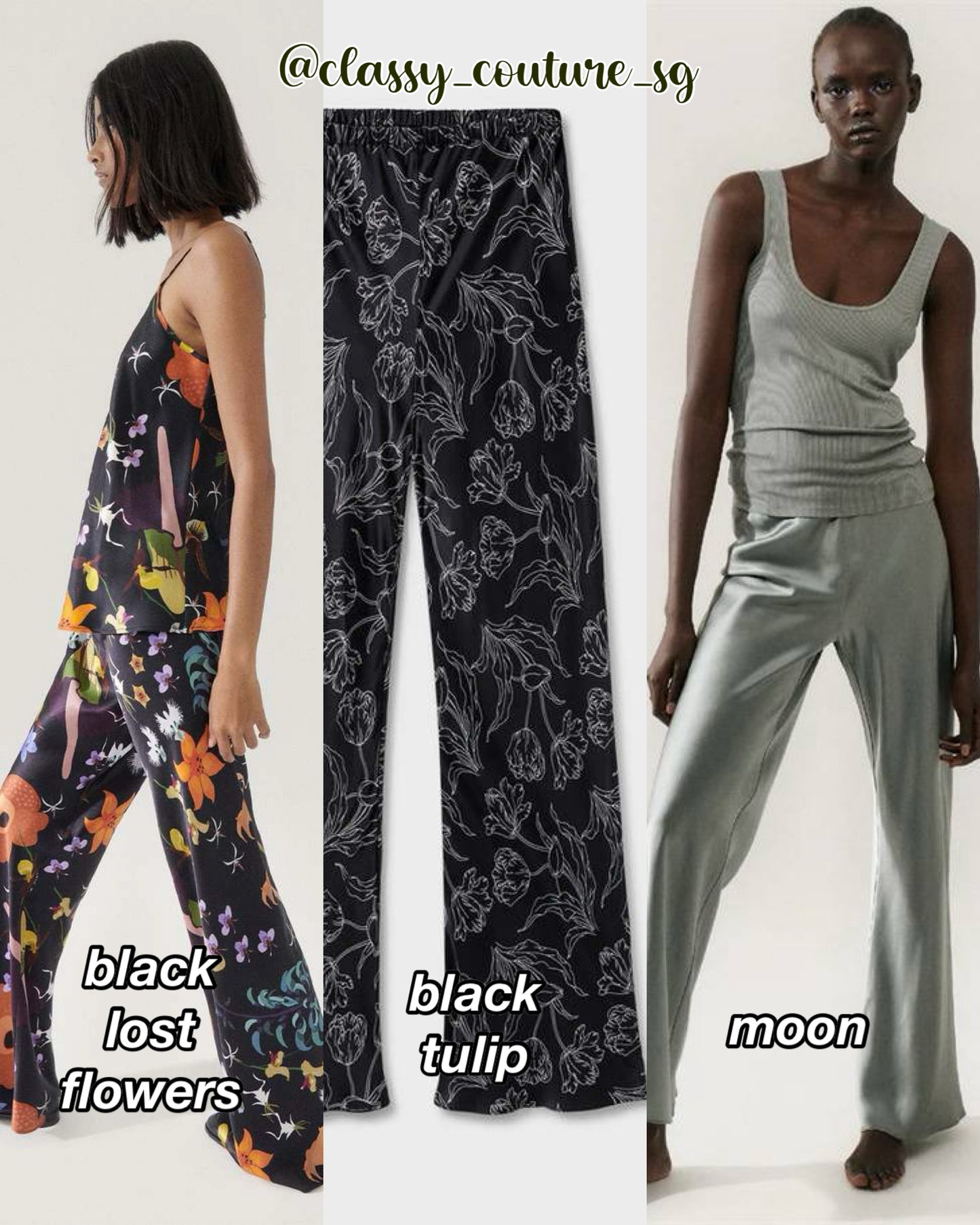 SL Bias Cut Pants in Moon | Black Tulip | Lost Flowers - Classic 16 Momme Silk