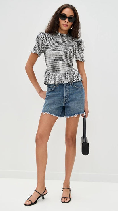 Ref Aggie Puff-Sleeve Smocked Peplum Top