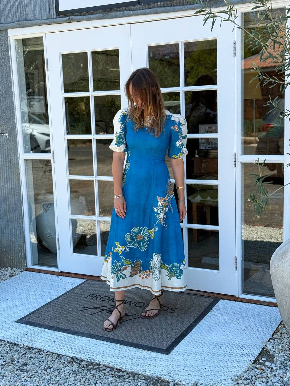 ALM Luda Floral Puff Sleeve Linen Midi Dress