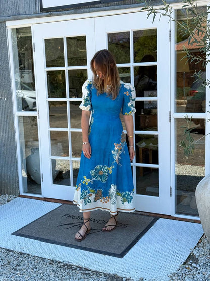 ALM Luda Floral Puff Sleeve Linen Midi Dress