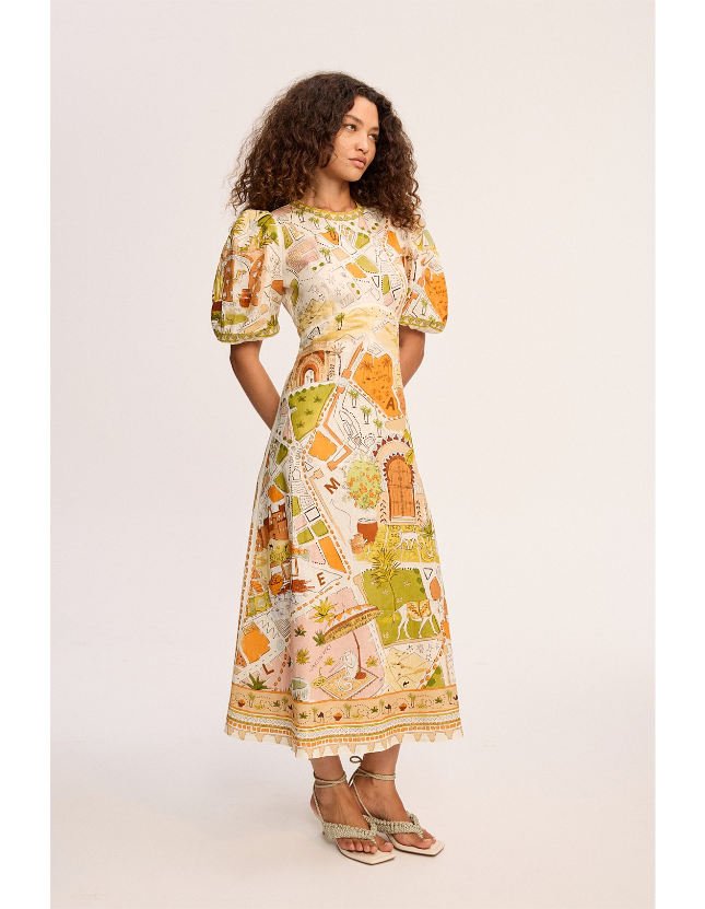 ALM Bazaar Puff Sleeve Linen Midi Dress