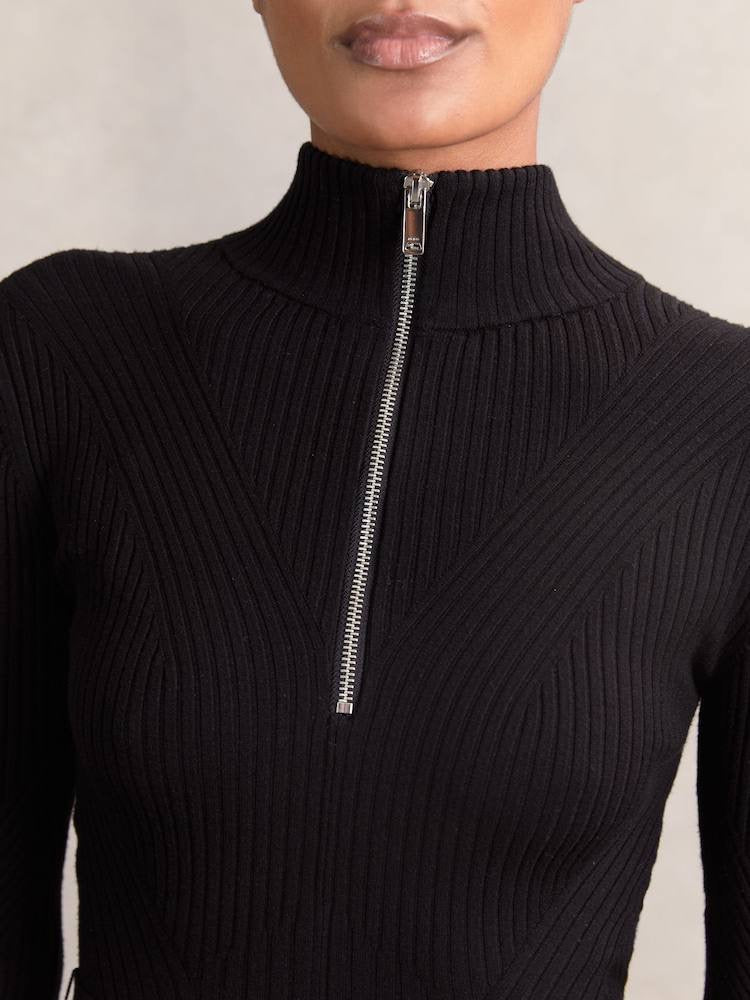 RS Vienna Rib-Knit Belted Half-Zip Flippy Dress