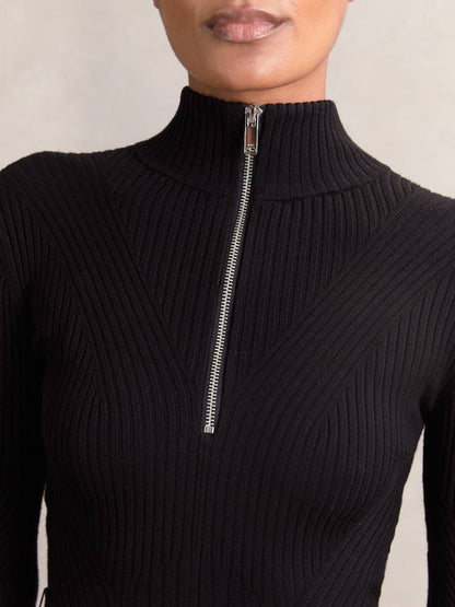 RS Vienna Rib-Knit Belted Half-Zip Flippy Dress