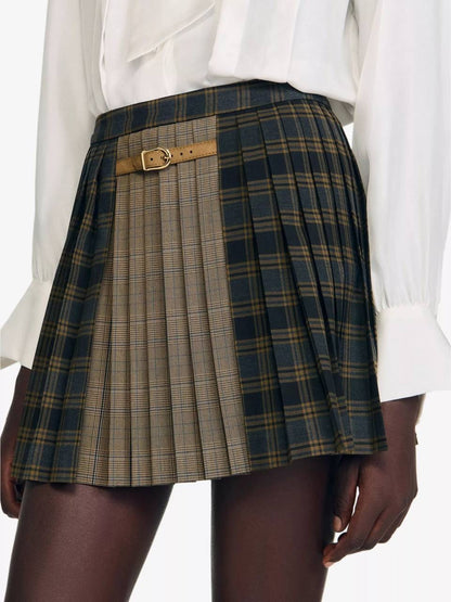 SD Oliviana Checked Pleated Woven Buckle Mini Skirt