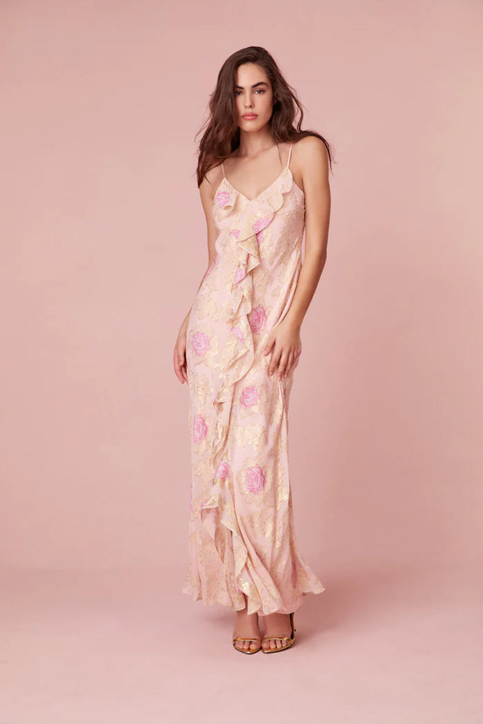 LSF June Maxi Dress in Magenta Marble Metallic Silk Blend