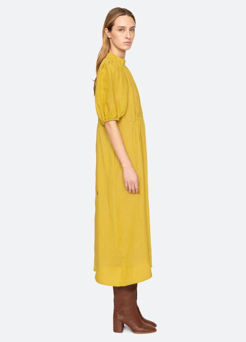SE Anise S/S Short-Sleeved Ramie Puff Midi Dress (with detachable cotton slip)