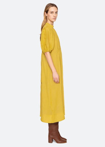 SE Anise S/S Short-Sleeved Ramie Puff Midi Dress (with detachable cotton slip)