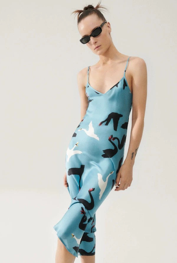 (PART 1/2) SL 90s Silk Slip Midi Dress Animal Prints: Swans, Grass Monarch Butterfly, Lemur Matisse