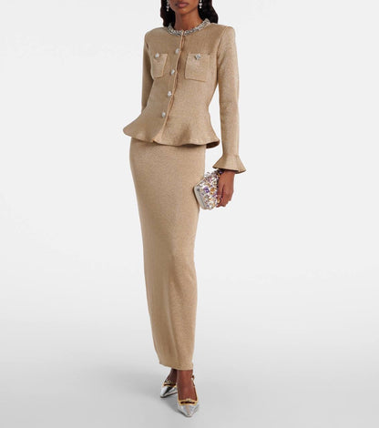 SP Gold Crystal Trim Peplim Midi Dress