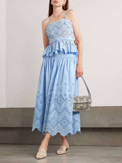 SP Blue Broderie Anglaise Top | Midi Skirt | Set
