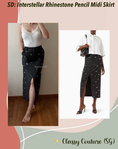 SD Interstellar Rhinestone Pencil Midi Skirt in Black