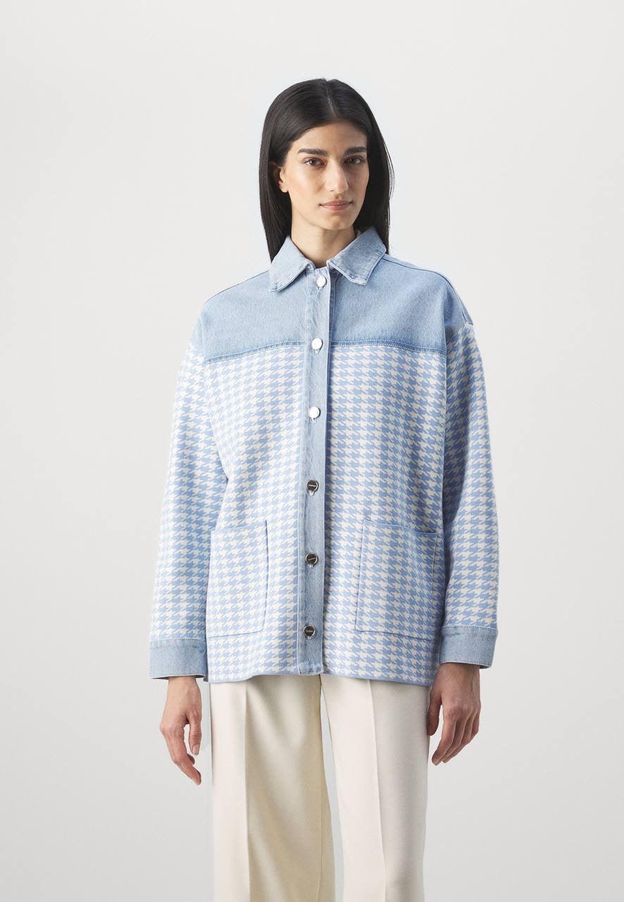 SD Houndstooth Denim-Paneled Shirt Jacket