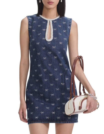 SP Denim Diamante Bow Sequin Keyhole Shift Mini Dress