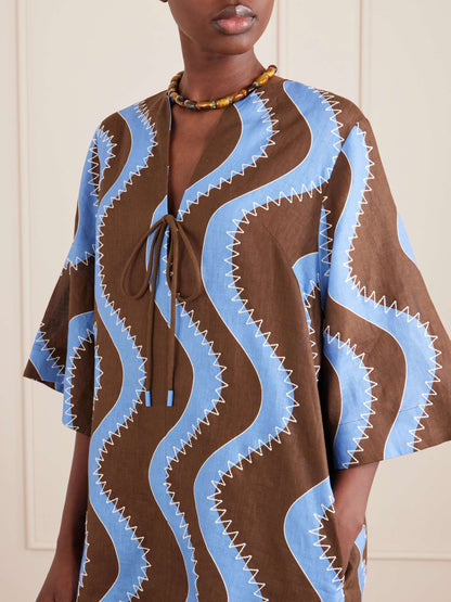 ALM024 Bold Brown/Blue Wave Stitch Tunic Shift Linen Mini Dress