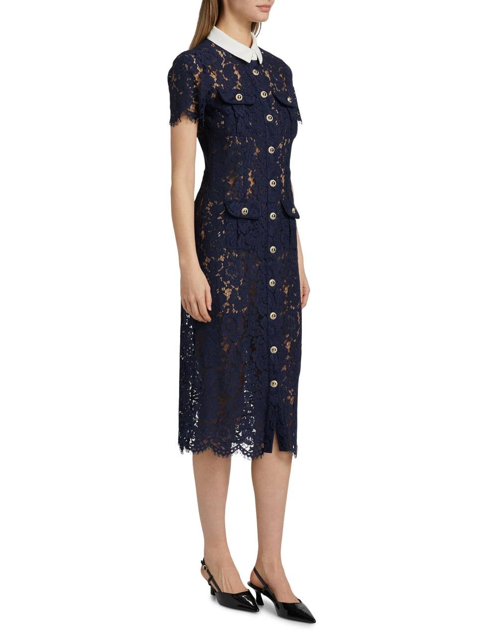 SP Navy Blue Lace Contrast Collar Midi Dress