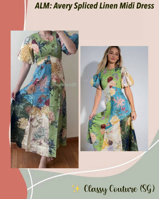 ALM Avery Puff Sleeve Linen Spliced Midi Dress