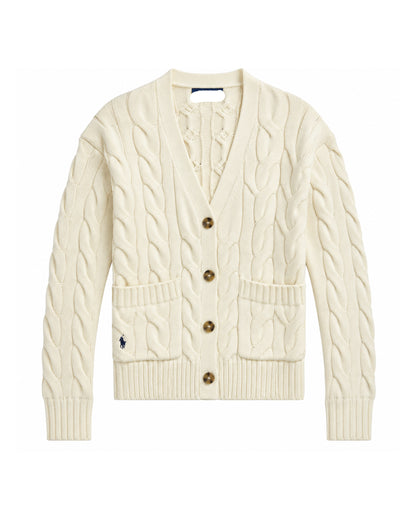 Cable-Knit Cotton V-neck Pocket Relaxed Cardigan