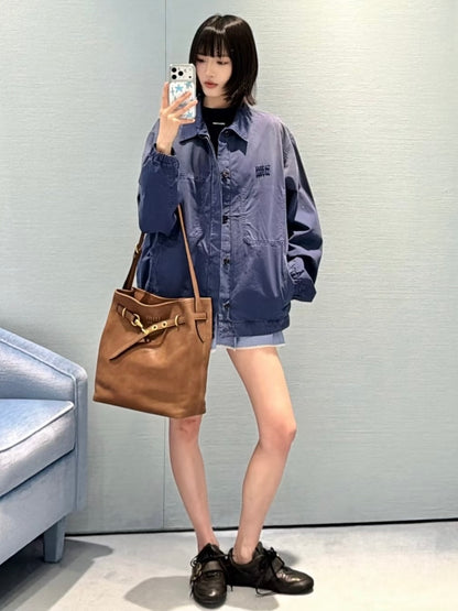Women’s/Unisex Blue Washed Cotton Twill Blouson Jacket Overshirt