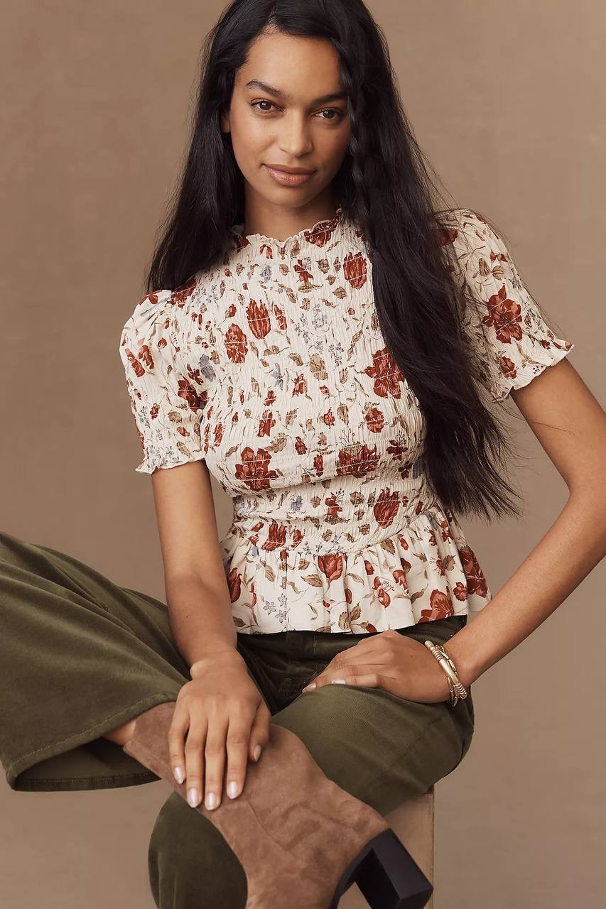 Ref Aggie Puff-Sleeve Smocked Peplum Top