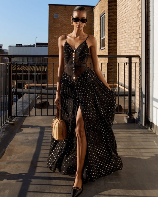 SP Black And Gold Chiffon Maxi Dress