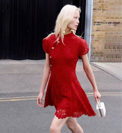 SP Red Lace Cap-Sleeve Cotton-Blend Cheongsam Qipao Mini Dress