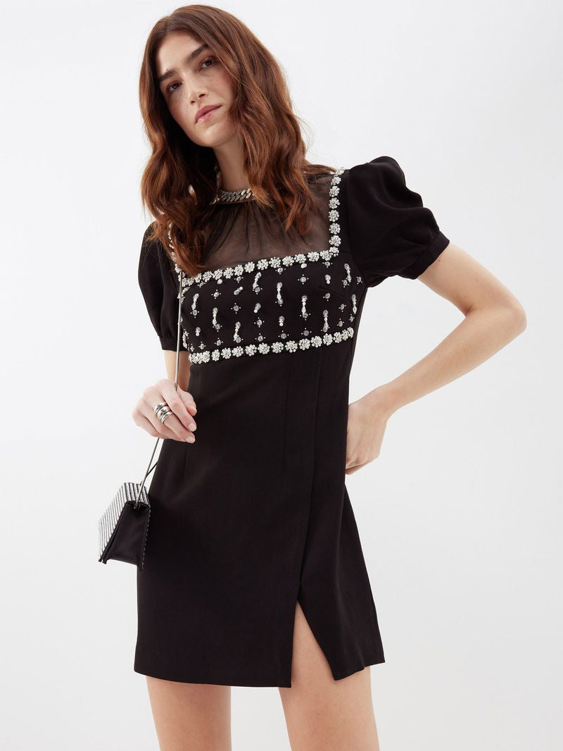SALE! SP Blacked Tulle-panelled Crystal Embellished Crepe Puff Sleeve Mini Dress