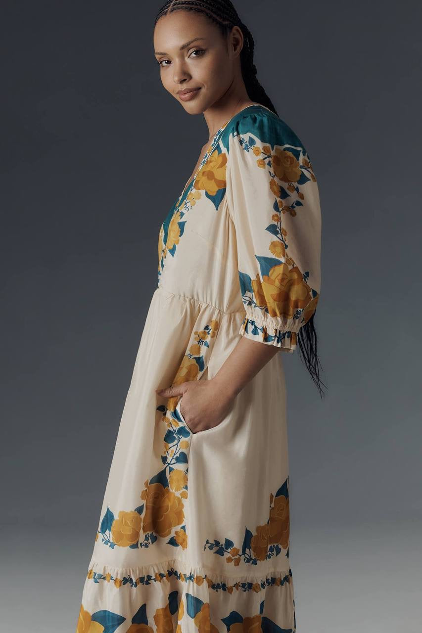 FR Anthro Viscose Puff-Sleeve Printed Midi Dress