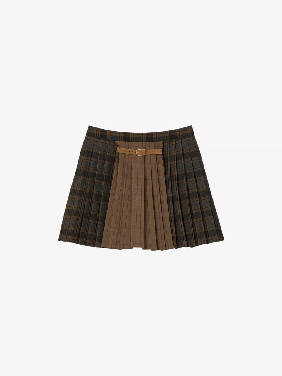 SD Oliviana Checked Pleated Woven Buckle Mini Skirt