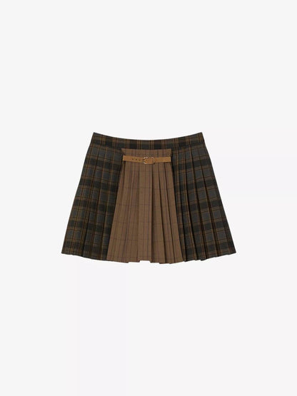 SD Oliviana Checked Pleated Woven Buckle Mini Skirt