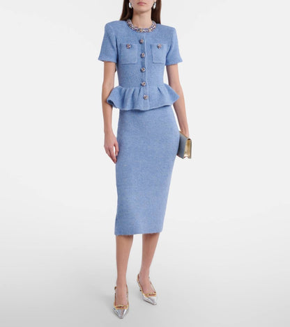 SP Blue Knitted Peplum Midi Dress