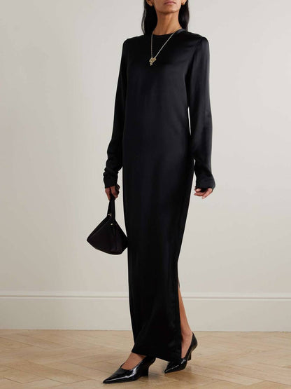 TOT Viscose Satin High-Neck Long Sleeve Midi Maxi Dress