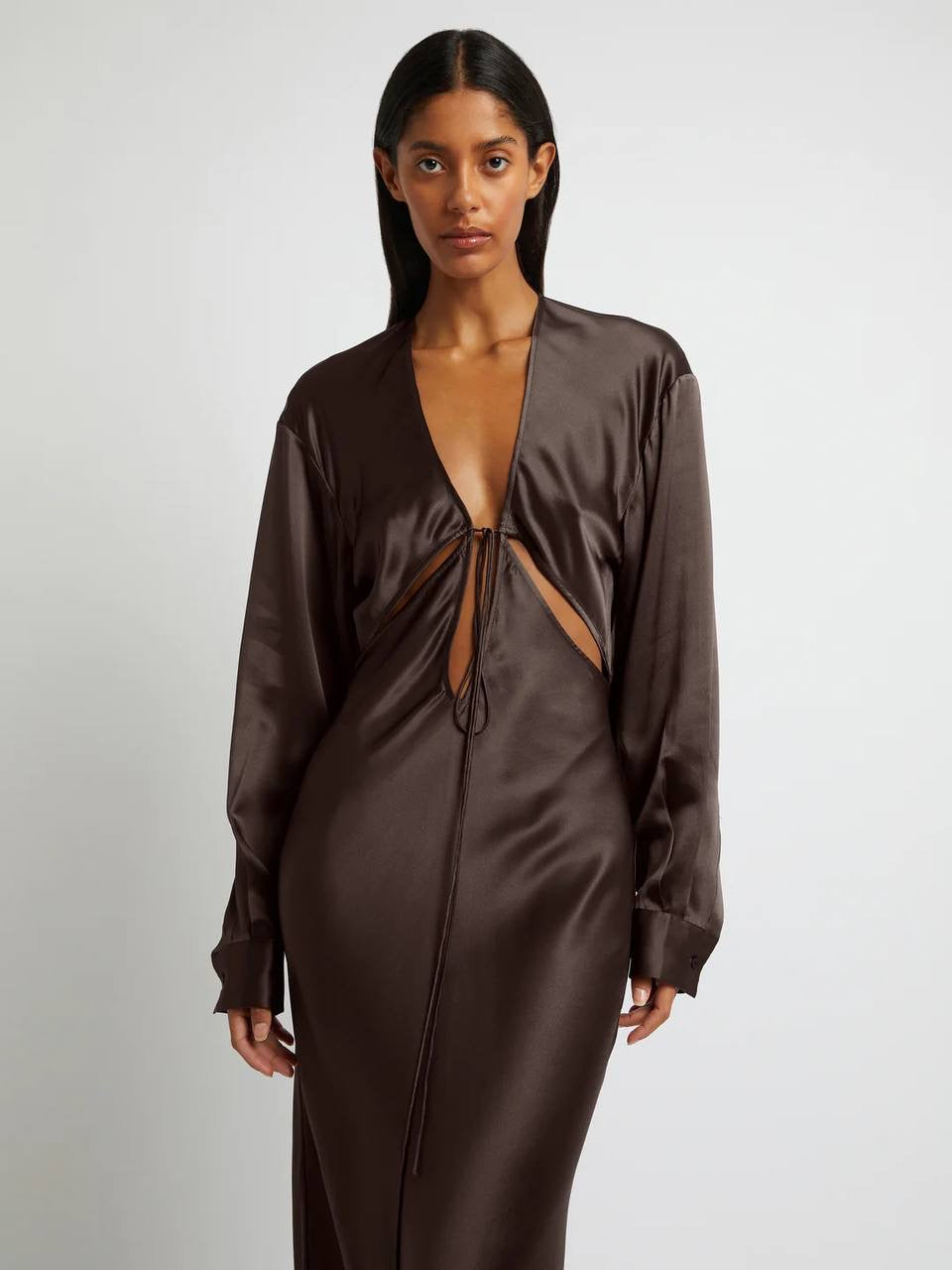 CE Triquetra Front Tie Maxi Dress | Cocoa Silk