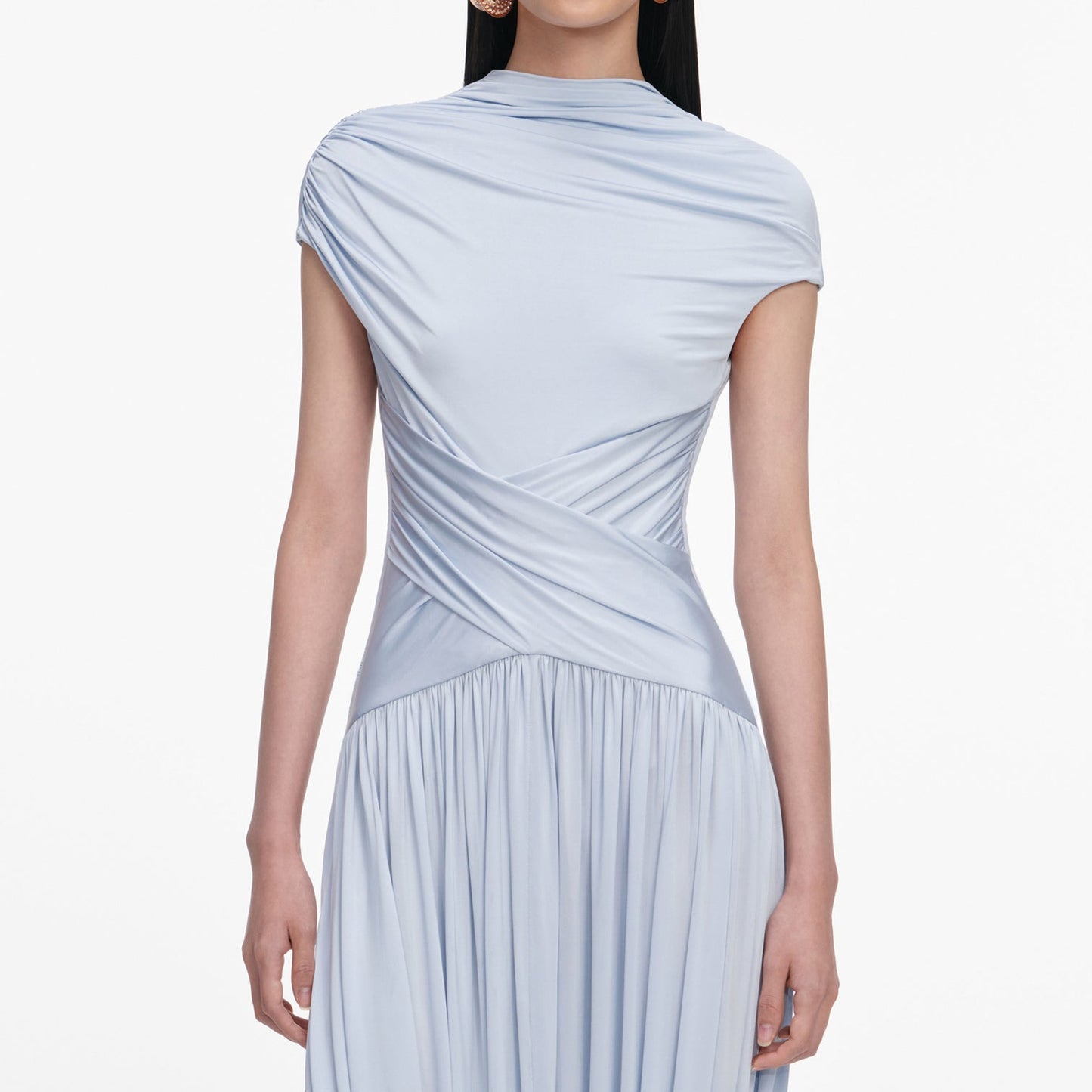 SP Yellow Sleeveless Wrap | Blue Short Sleeve Gathered Viscose-blend Jersey Midi Dress