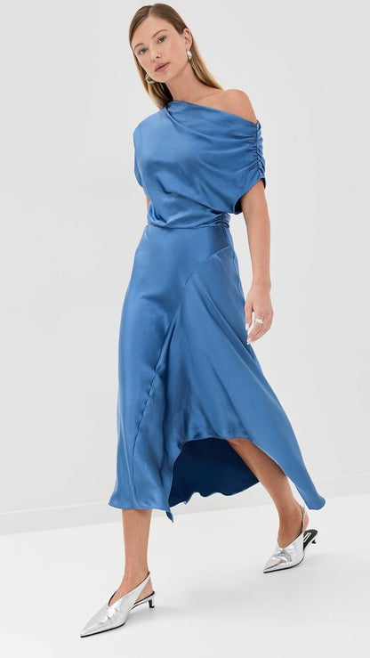 ALC Jasmine Ruched One Shoulder Satin Midi Dress