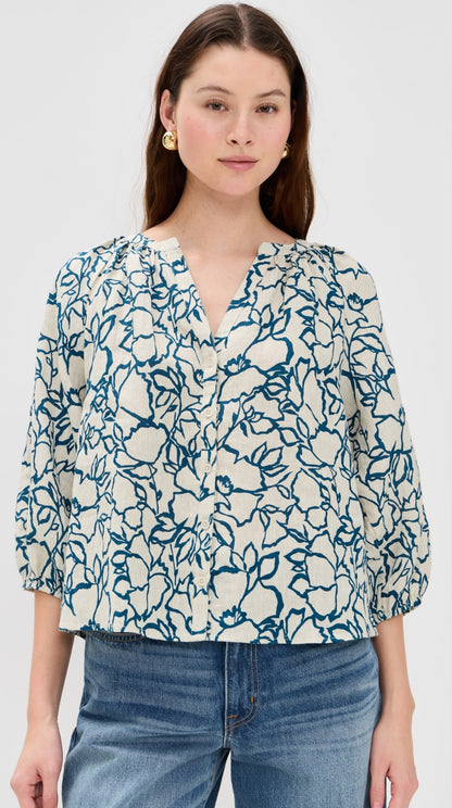 AA Mite 3/4 Sleeve Linen Blouse Top in Lace Floral Flax