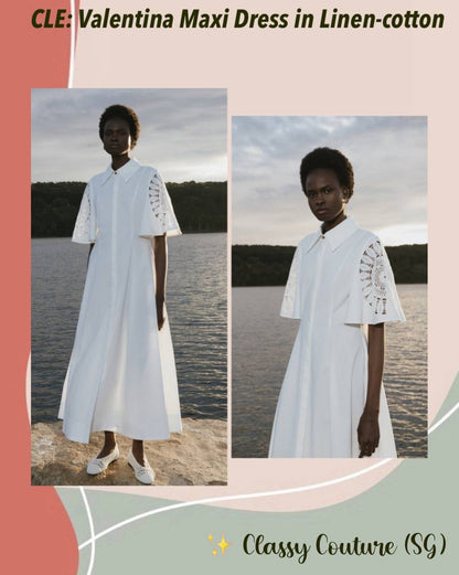 CLE Valentina Linen-cotton Lace-sleeve Midi Maxi Dress