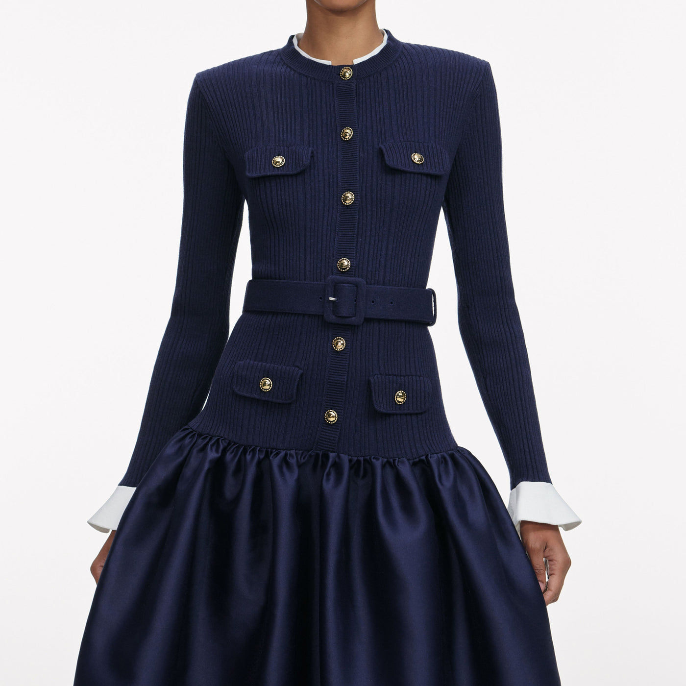 SP Navy Knit Belted Taffeta Midi Dress