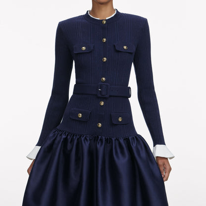 SP Navy Knit Belted Taffeta Midi Dress