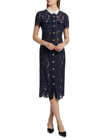 SP Navy Blue Lace Contrast Collar Midi Dress